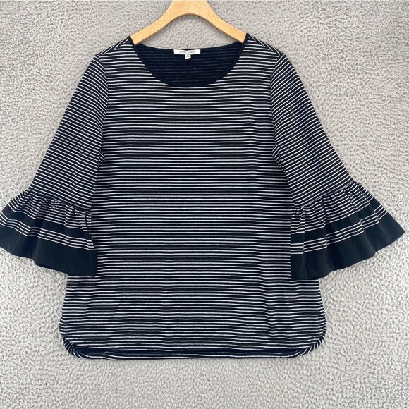 John Mark Tops - John Mark Top Womens Medium Black Striped 3/4 Bell Sleeve Stretch Knit Pullover